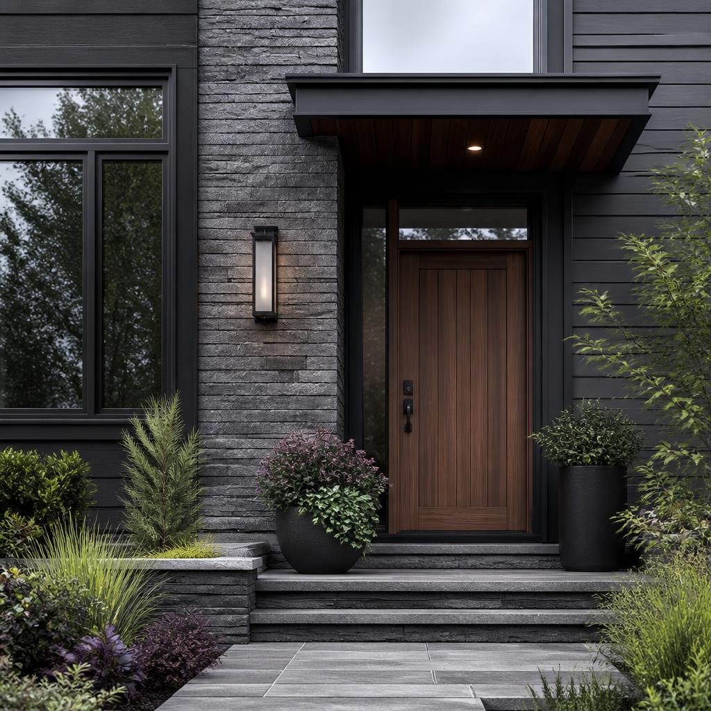 A clean townhome facade with a wooden door and brass numbers