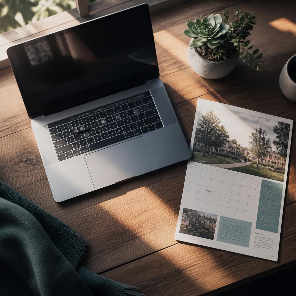 An open laptop and printed calendar on a wooden table, lit by morning light