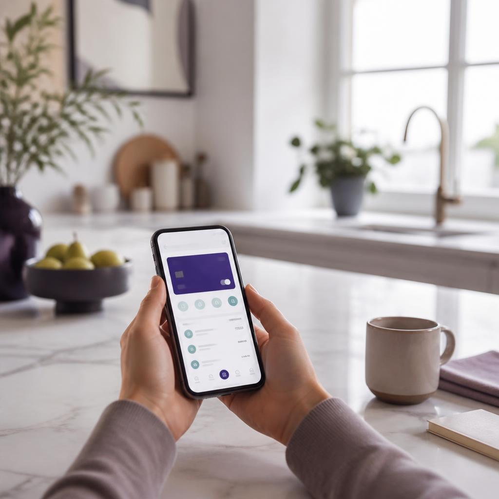 A homeowner paying dues on their phone in a sunlit kitchen